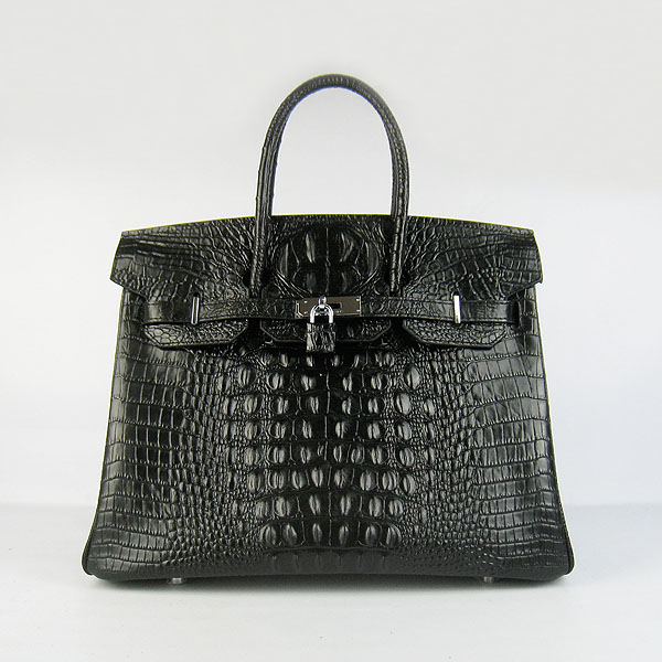 High Quality Fake Hermes Birkin 35CM Crocodile Head Veins Leather Bag Black 6089